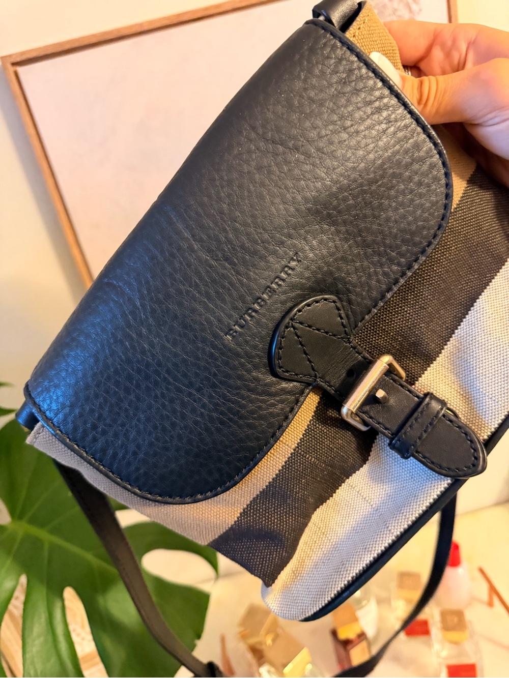 Burberry Black Leather & Beige Stripe Canvas Crossbody